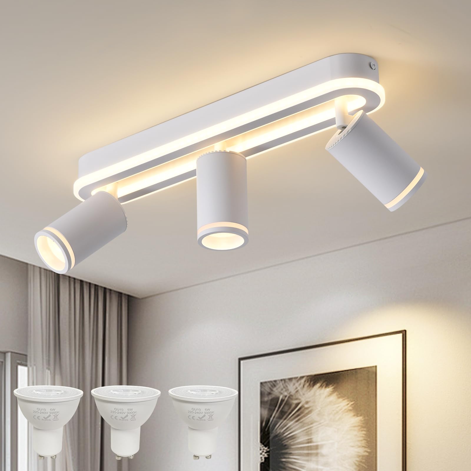 Faretti led Soffitto a 3 Fiamme Orientabile a 350°,Binario Faretti Soffitto 27W+3x5W Spot GU10, Faretto da Soffitto Bianco Caldo 3000K,Lampada da Soffitto Moderna,Faretto per Cucina, Soggiorno Bianco