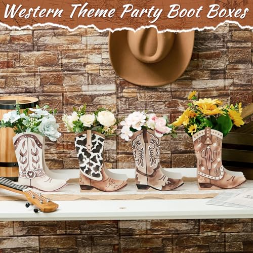 Image of 12 Set Western Boots Flower Boxes Centerpiece Boot Shape Gift Boxes Party Decoration Vase Centerpieces for Tables Boots Rodeo Birthday Baby Shower Supplies (Western,Cowboy Cow)