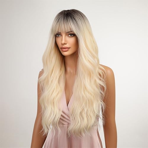 Miniatura 9 de Peluca de longitud larga rosa sintética resistente al calor naturaleza rizada ondulada pelucas con flequillo para fiesta diaria Cosplay (WL-059)