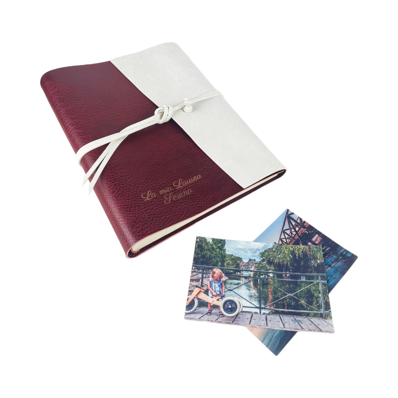 Album fotografico - Double Vintage - produzione artigianale in similpelle, personalizzabile con incisione. Ideale per Matrimonio, Anniversario, tutti gli eventi (Con Incisione, Rosso - Polare)