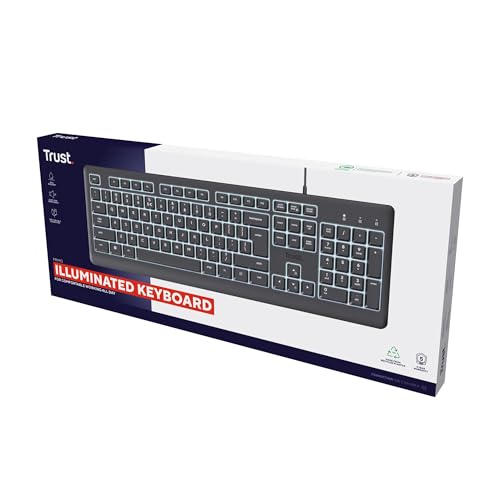 Trust Primo Clavier AZERTY Français Éclairé Filaire, Câble USB-C/USB-A 180 cm, Résistante aux Éclaboussures, Clavier Silencieux LED Ordinateur Portable Mac, Noir