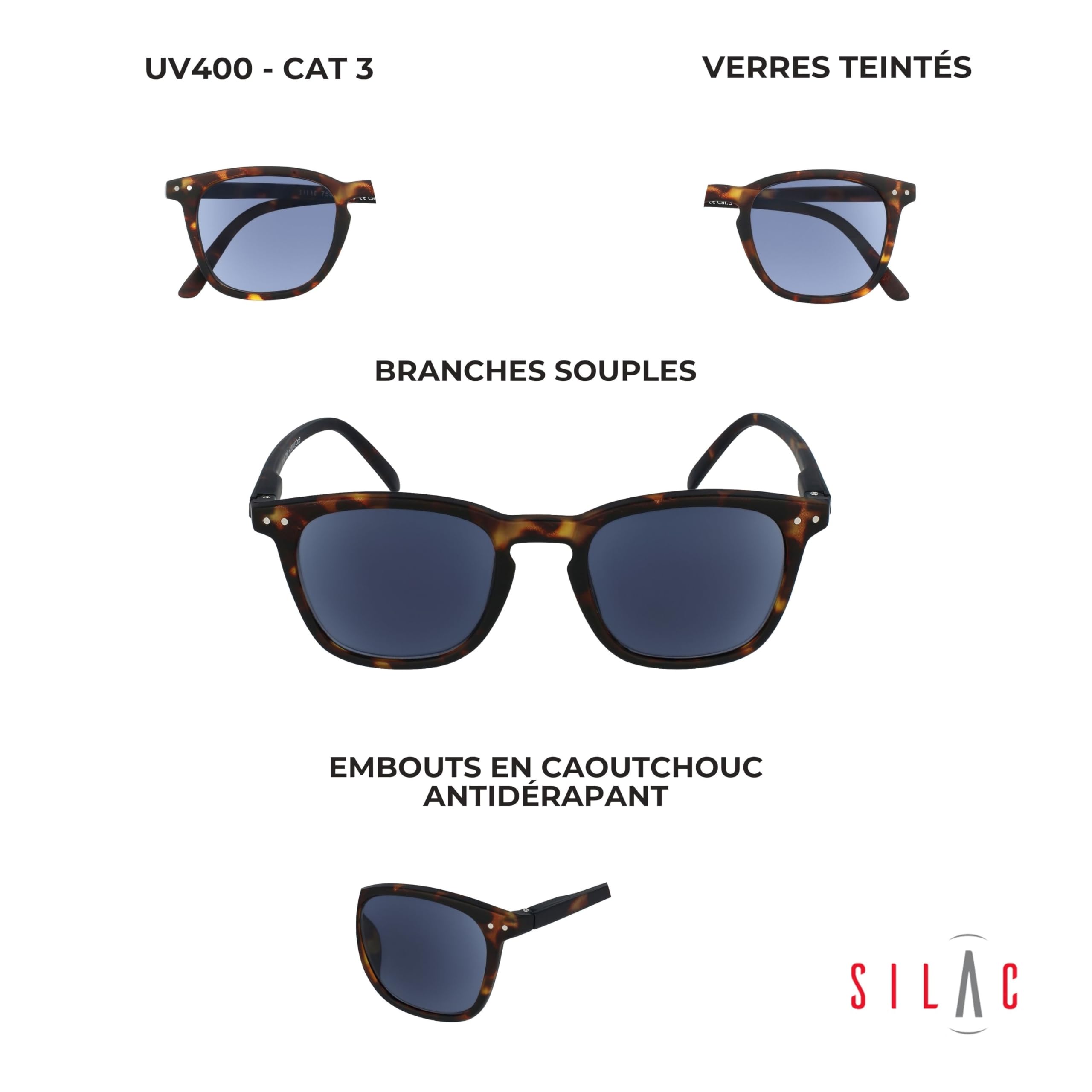 SILAC – Lunettes loupe solaire – Unisexe – Turtle Rubber 7550 – Monture écaille mate polycarbonate – Verres teintés Cat. 3 UV400 – Branches flex – Dioptries +1,00 à +3,50