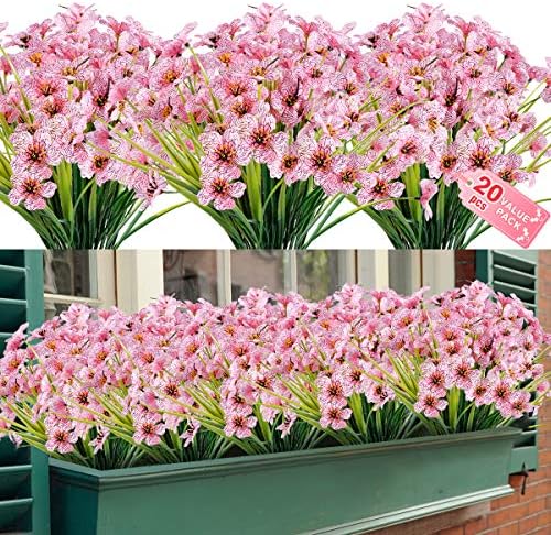 ZEOSTARO 20 Bundles Artificial Outdoor Flowers UV Resistant Fake Flowers No Fade Faux Plastic Greenery Shrubs Garden Porch Window Box Decorating(Pink)