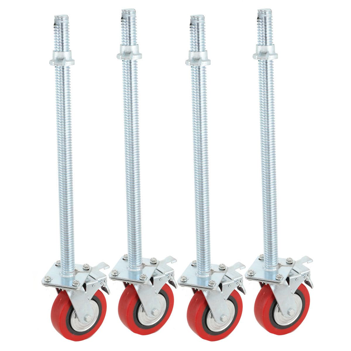 Lot de 4 roulettes pour échafaudage 190 mm avec tige filetée en acier, roulettes pivotantes à frein, position verticale, capacité de charge 750 kg, réglable en hauteur, compatible avec