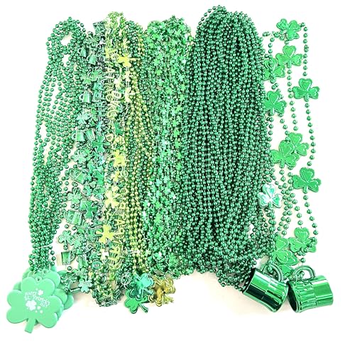 YSPPF 66 Pcs With 7 Styles St Patrick's Day Shamrock Beads Necklaces Irish Green St. Patrick's Beer Mug Beads Necklaces Party Parade Decorations
