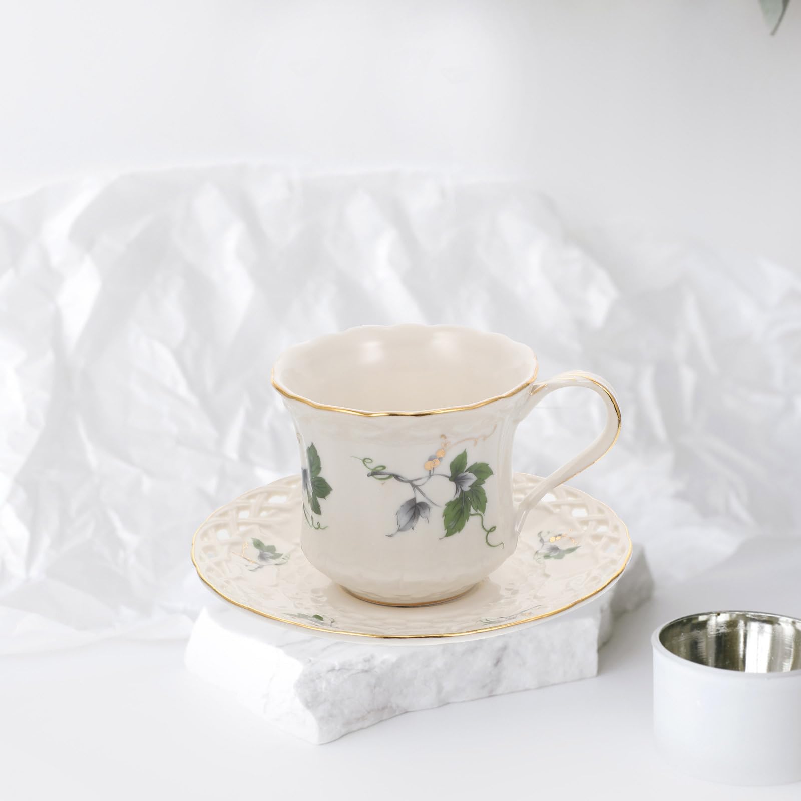 Zerodeko Taza de Té Plato de Cerámica, Juego Blanco Estilo Retro Elegante