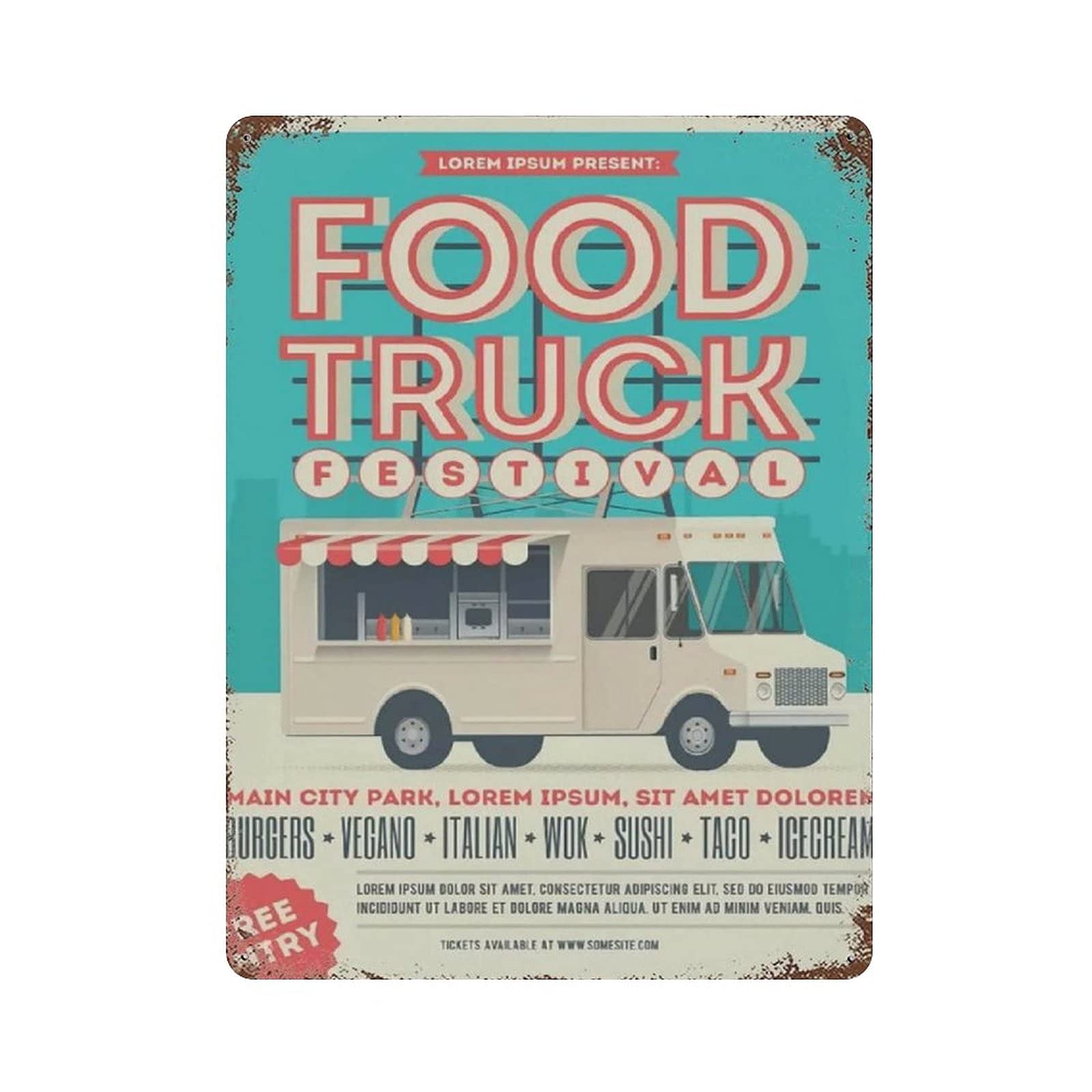 Metal Tin Sign Food Truck Or Street Food Festival Vintage Tin Poster Metal Sign Wall Decoration Country Kitchen Home Garage Decor 16"x12"