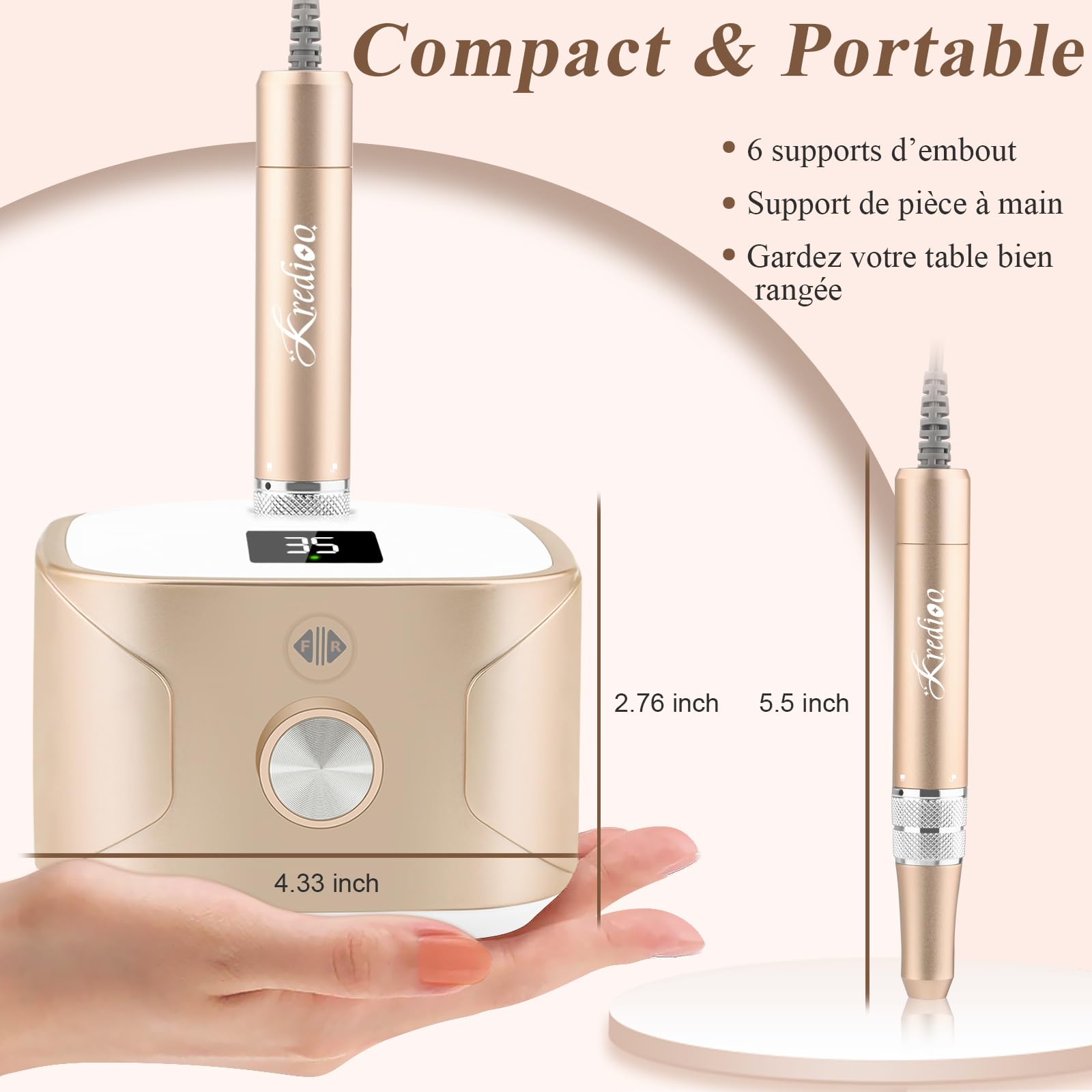 Kredioo Ponceuse pour Ongles Electrique 35000 Tours avec Affichage LED et 11 Embouts Céramique pour Manucure Pédicure Retirer Vernis Gel