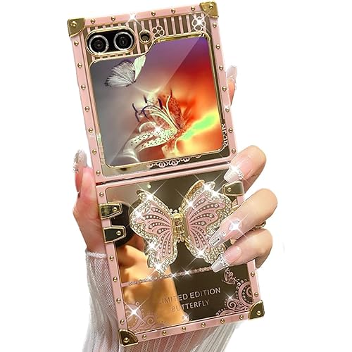 AuroiCYY for Samsung Galaxy Z Flip 6 Case with Kickstand, Glitter Foldable Bling Butterfly Stand Mirror Back Gold Plated Shockproof Protective Elegant Cute Woman Girly Soft Cover for Z flip 6 (Pink)