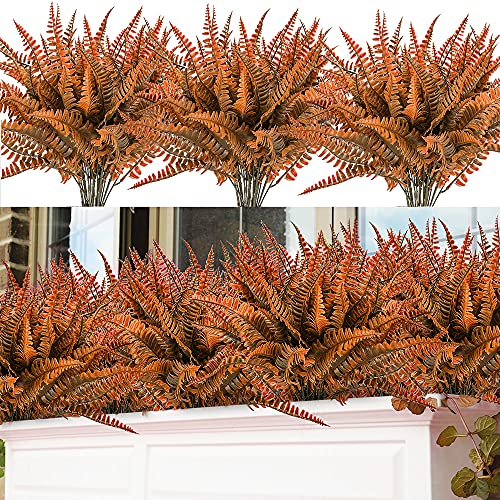 Cukyuk 8 Bundles Artificial Boston Fern Plants Outdoor Bushes Autumn Artificial Shrubs Greenery Plastic Outdoor Uv Garden Resistant Plants Ferns, Red Yellow #TOP8