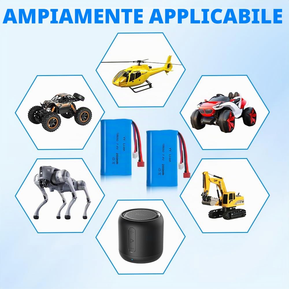 Batteria Lipo 7.4, Batteria Lipo 2s Ricaricabile da 2000 Mah da 2 Pezzi con Spina Deans T e Spina Xh-3P, Lipo 2s con 1 Caricabatterie per Rc Auto Fuoristrada Aeroplano Elicottero Giocattolo