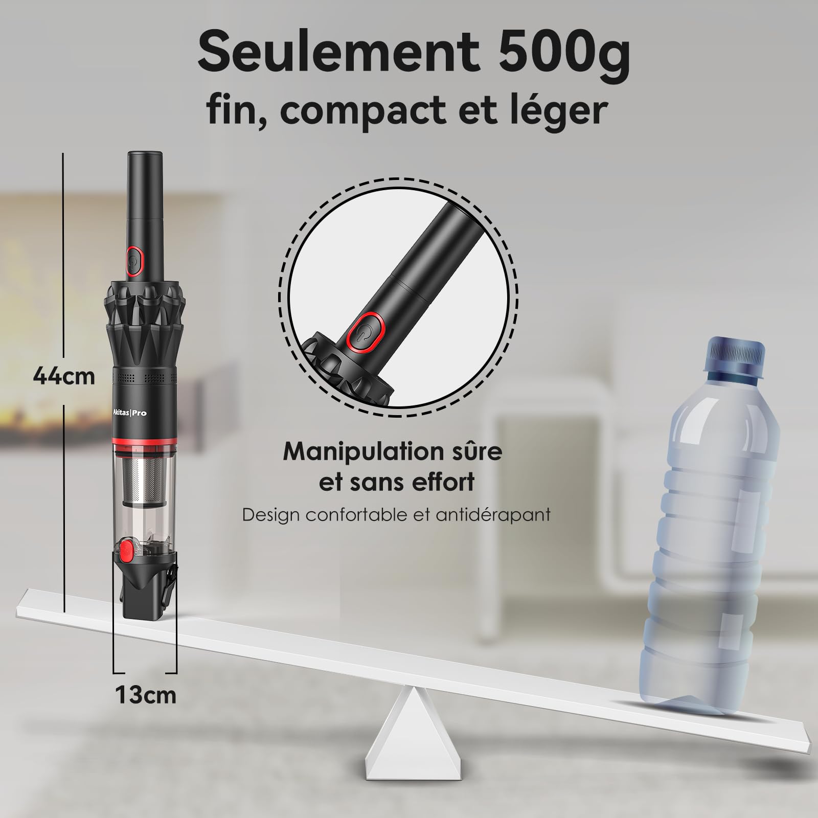 Akitas Aspirateur à Main sans Fil Puissant H2 – Ultra-léger 0,5 kg, Jusqu’à 26 Min d’Autonomie, Filtre HEPA & Acier, Accessoire 2-en-1 pour Voiture, Canapé et Maison
