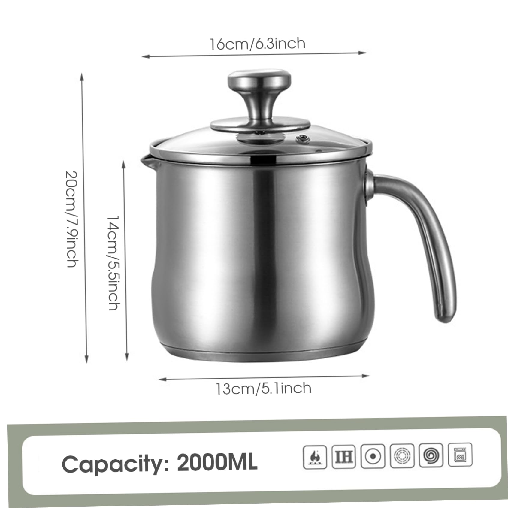 2-Liter-Edelstahltopf mit Ausgießer und Glasdeckel, Milchtopf mit Griff zum Kochen von Milch, Soße, Soßen, Nudeln, Nudeln, Induktionskompatibel