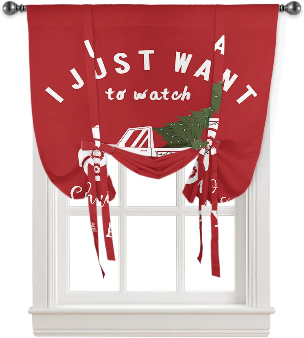 YOKOU Curtains Balloon Window Shade I Just Want to Watch Christmas Movies All Day Truck with Xmas Trees Red Curtain Adjustable Tie Up Short Curtains for Small Windows Kitchen,1 PCS 46 x63 inch