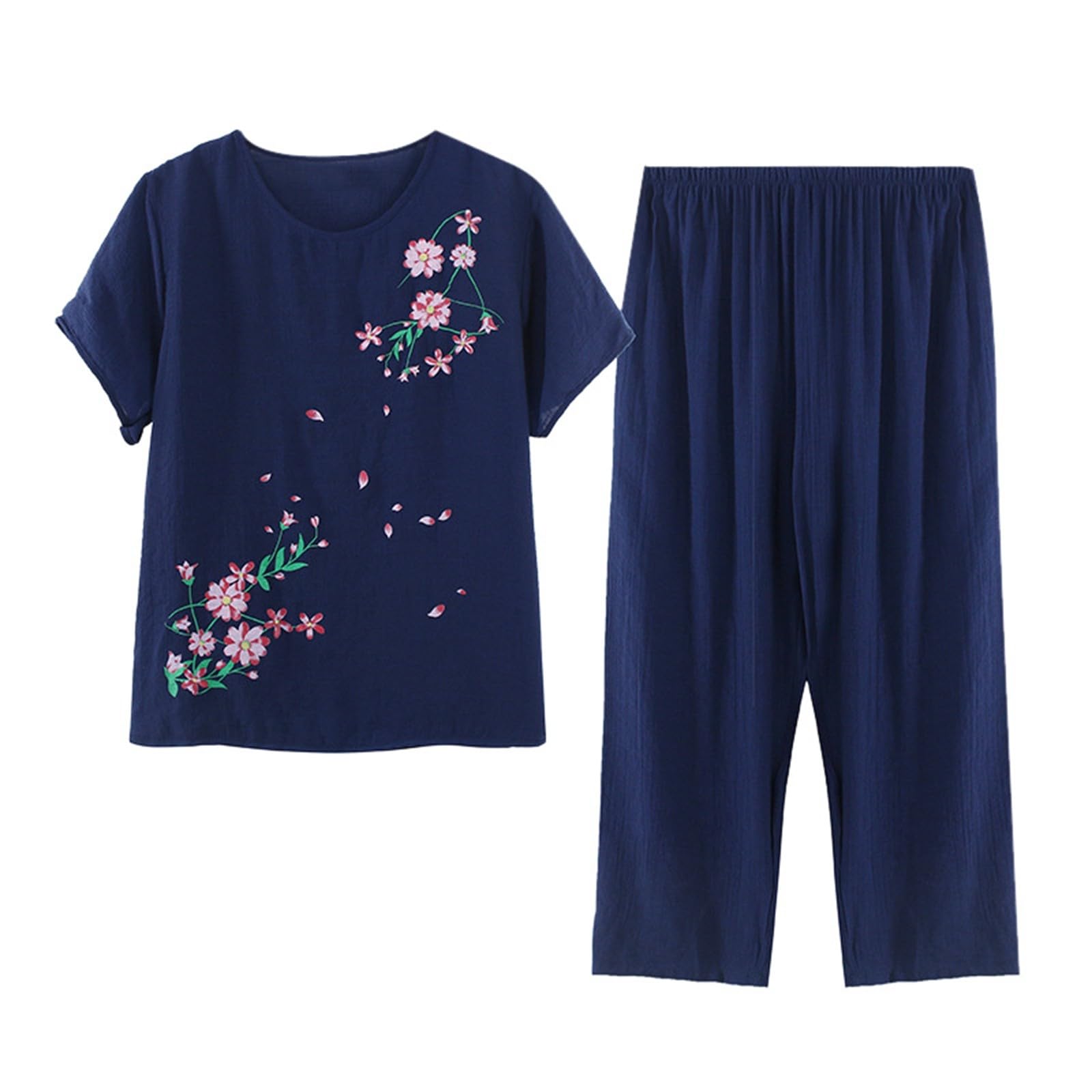 QWUVEDS Traje de verano para personas mayores, estampado floral, madre, manga corta, algodón, seda, ropa de verano para personas mayores, traje de pantalón, juego de dos piezas de punto - 2 piezas - conjunto