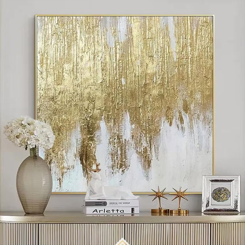 Tableau abstrait feuille d'or fait main UKIXOM salon chic 80x80
