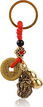 Mayoii Pure Brass Hollow Gourd Car Keychain, Feng Shui Five Emperors Copper Money Key Chain Pendant, Zhaocai Town House Lucky Coins Amulet for Chinese New Year Decorations Gifts blue_style
