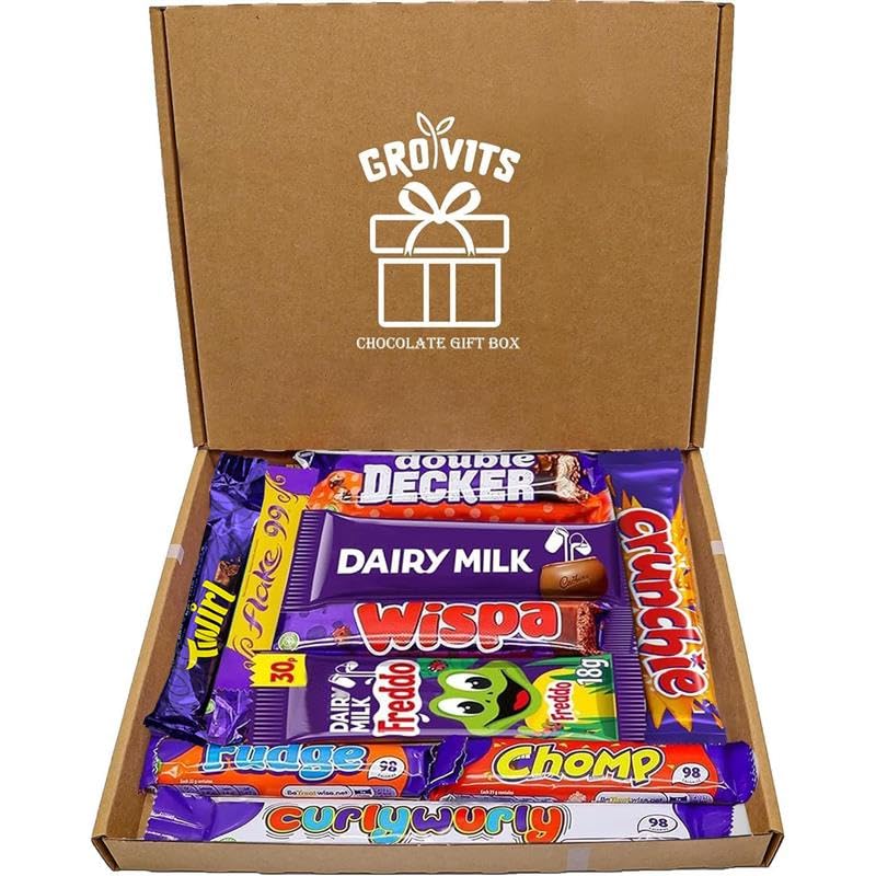GRO VITS - Chocolate Gift Box Hamper - 10 Mini Chocolate bars Gift Letter Box Friendly Sweet Treat Gift Box Perfect for Presents Surprises and Special Occasions Fathers Day Gifting