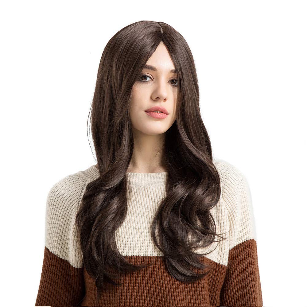 AutumnFall_Wig Dark Brown: Autumnfall Women'S Wigs Centre Parting Long Natural Wave Synthetic Hair Black Full Wig 24 Inch (Dark Brown)