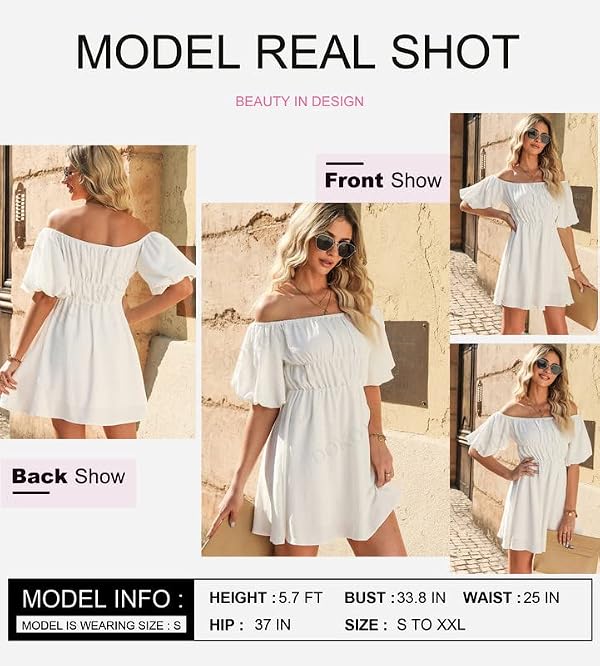 Dokotoo Off Shoulder Summer Dresses for Women 2026 Lantern Sleeve Elastic Waist White Dress Casual Ruffle A-Line Mini Dresses for Wedding Guest Small by Dokotoo - Image 2