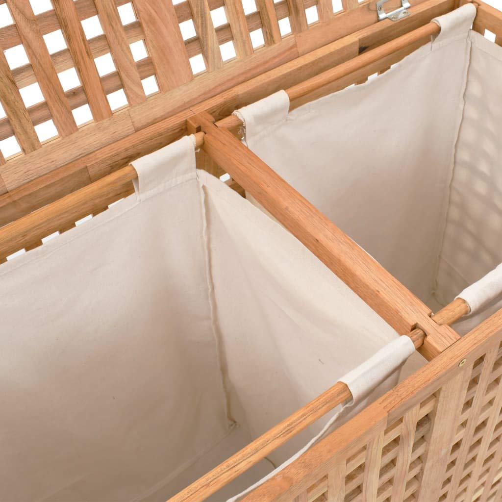 Tidyard Cesto para la ropa sucia con 2 compartimentos de almacenamiento, bolsas de tela interiores extraíbles, dimensiones: 87,5 x 46 x 67 cm (ancho x profundidad x alto), madera maciza de nogal y