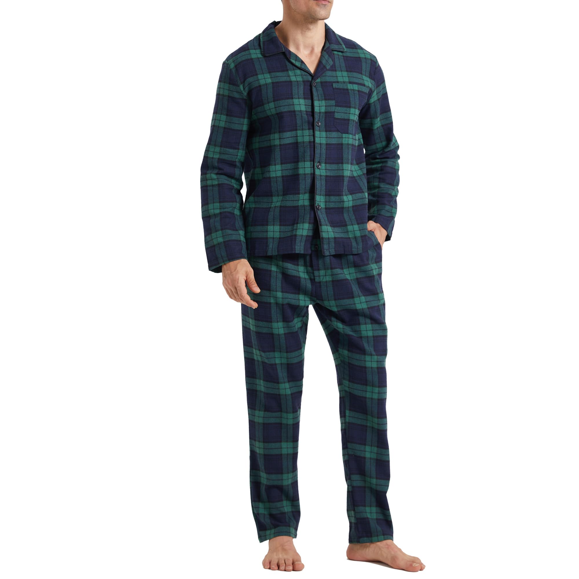 Conjunto de pijama de franela para hombre, de algodón, a cuadros, con bolsillo, manga larga, parte superior e inferior, ropa de dormir suave para invierno
