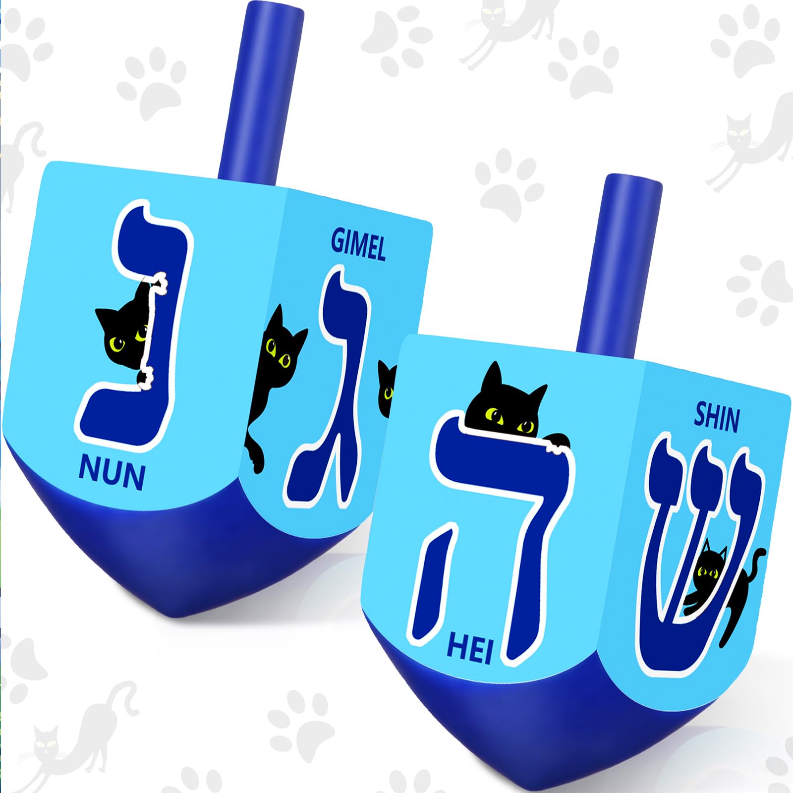 Wonderjune 2 Pcs Hanukkah Dreidels Toy Inspire Game Extra Large Wooden Dreidel for Hanukkah Decoration with English Transliteration, Forever Spinning Tops(Cat)
