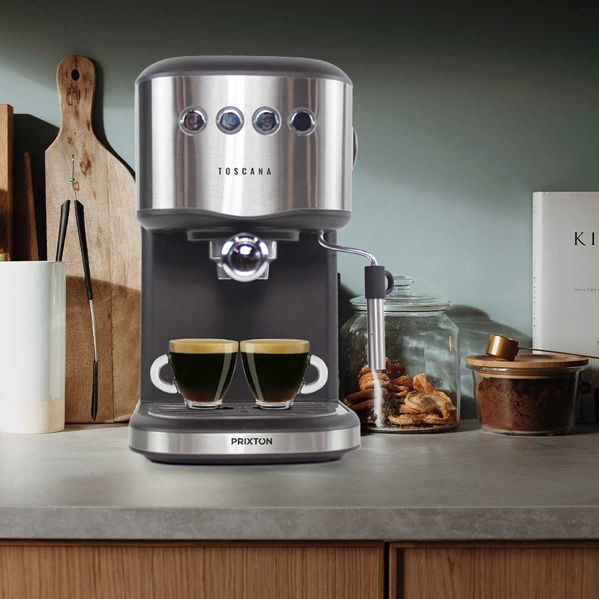 PRIXTON Cafetera Automática Toscana para café Expresso y Adaptador para Cápsulas, Bomba Italiana 850W y 20 Bares de Presión, Vaporizador