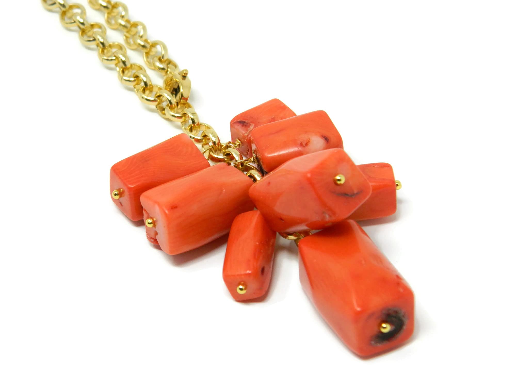 DodiGioielli Collana Artigianale Lunga con Grappolo di Corallo Bambù Arancione | Gioiello Made in Italy, Catena Dorata, Idea Regalo Elegante per Donna