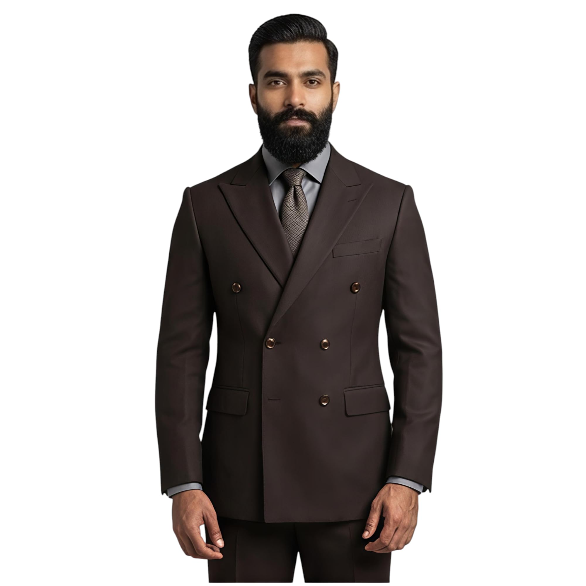 Men's Slim Fit Double-Breasted Blazer, Choclate Brown, Polyester Blend, Notch Lapel, Formal Style, Long Sleeve-picture-21