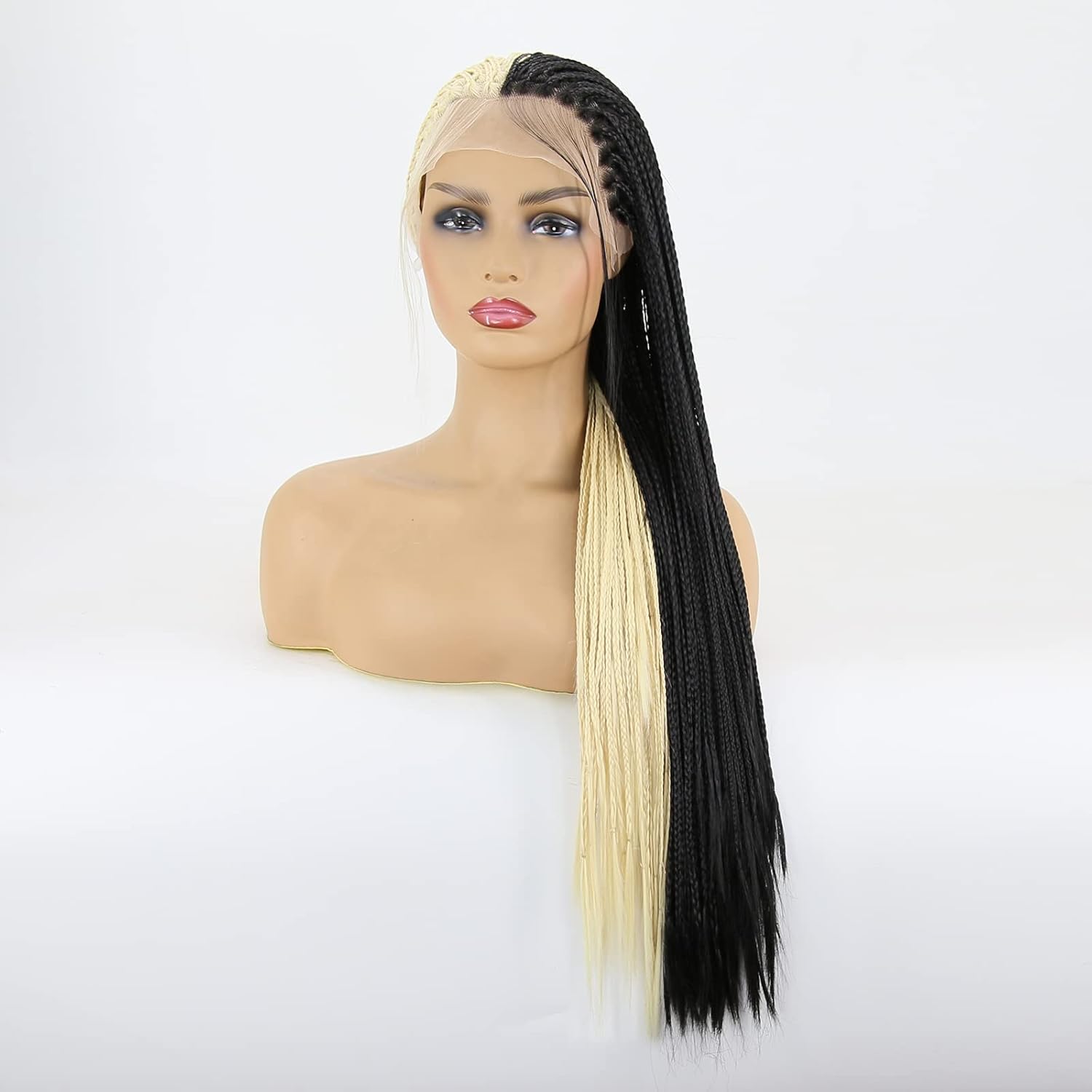 BTWTRY Half Blonde Half Black Braided Synthetic Lace Front Wig for Fashion Women #613 Color and Black Lace Front Micro Braided Box Braids Wig African American Hair (24inch, Half #613 Half Black)