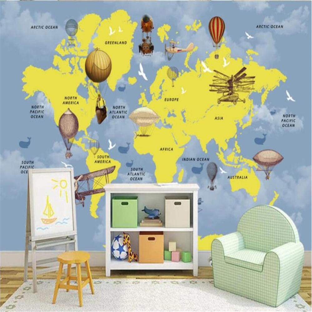 Personalizzato Cartone Animato Mongolfiera Aerei Mappa Del Mondo Sfondo Murale Sfondi Per Camera Dei Bambini Camera Dei Bambini Decor Carta Da Parati 3D 430Cm(W)×300Cm(H)