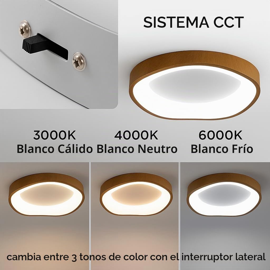 Alpinaluz Plafón LED de Techo Efecto Madera Ø40 cm – 36 W, Luz Seleccionable CCT 3000K/4000K/6000K – Diseño Ondulado Irregular de Acero Imitación Madera con Difusor Acrílico Opal para Salón