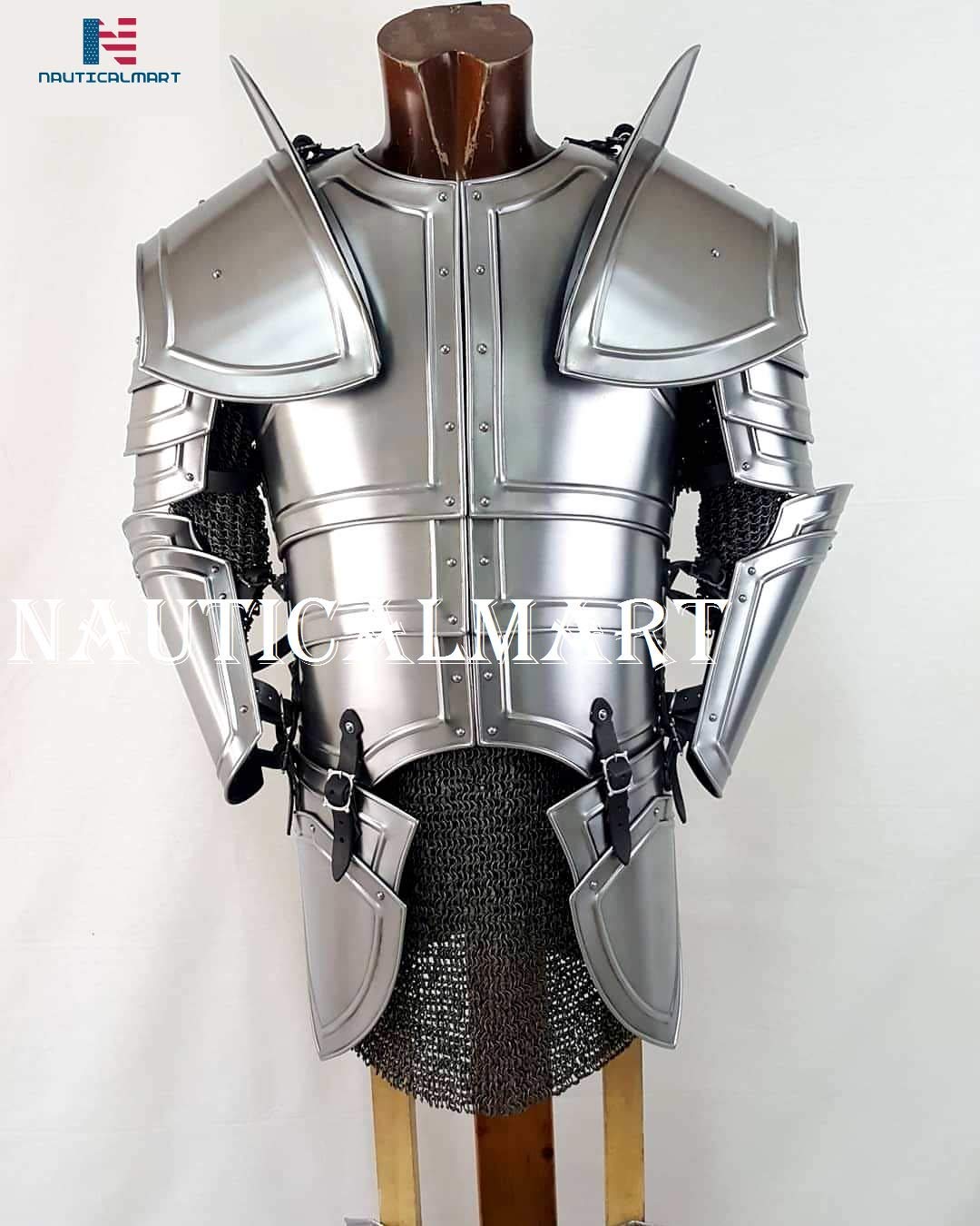 NauticalMart Knight Armour Medieval Costume Breastplate Backplate Pauldron Armset, Chainmail Steel Plate Armor Wearable Costume Collectible