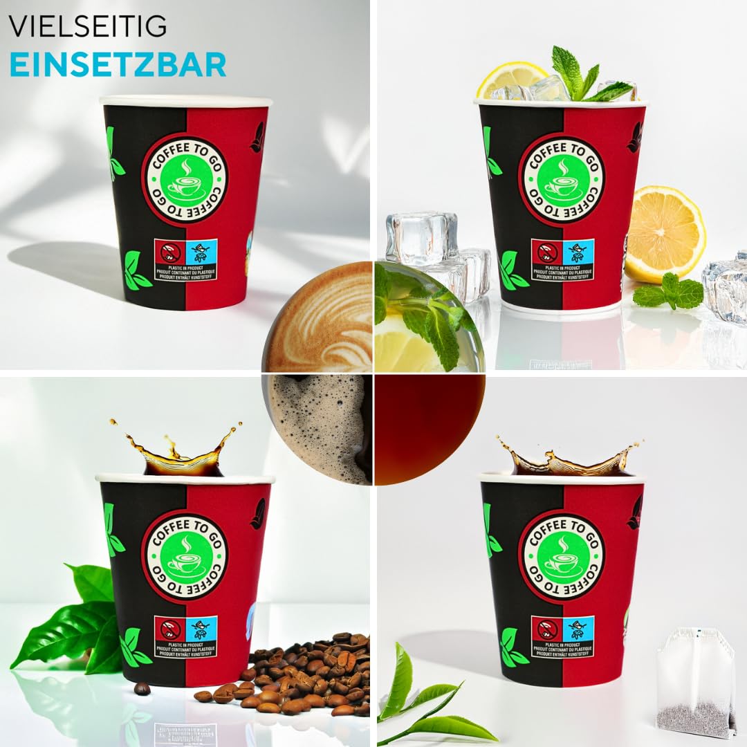 Enpack 1000 Schwarz/Rote Pappbecher 200 ml aus Kraftpapier - Kaffeebecher to go zum servieren von Tee, Kaffee, Glühwein oder anderen Getränken - Coffee To Go Becher