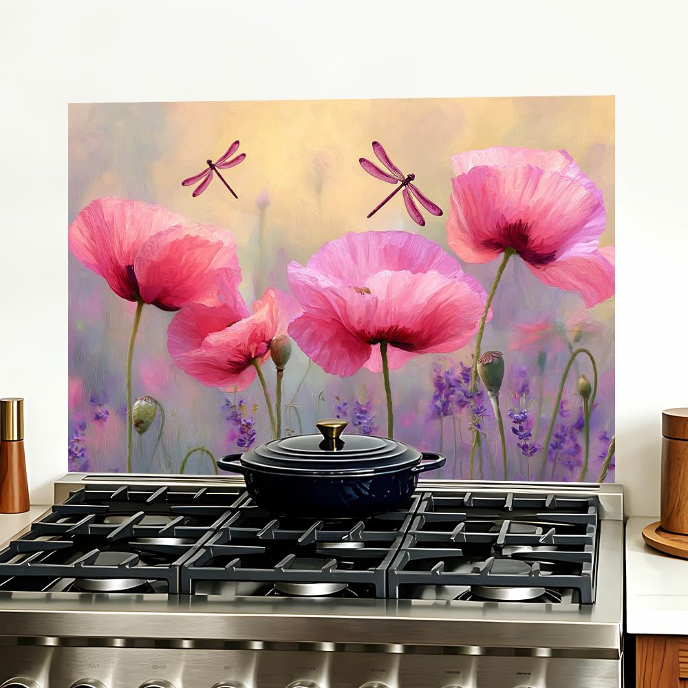 Pink Poppy Dragonfly Backsplash Peel and Stick, 35.4x23.6 in
