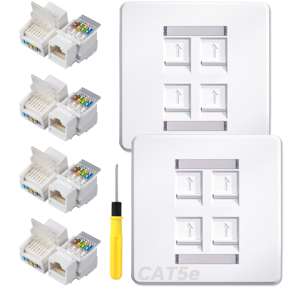 Acmerota CAT5e 4-Port CAT5e Socket Ethernet Faceplate RJ45 Socket Wall Plate Quad 4-Port Ethernet Wall Scoket Cable Networking Box 86mm, with Tool-Free Network Connector Module