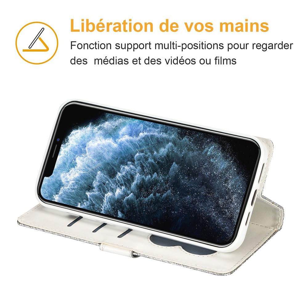 Custodia Portafoglio Glitter Per Xiaomi Redmi Note 13 5G: Cover Magnetica Con Slot Carte E Supporto, Antiurto E Brillantina Per Donna, Argento