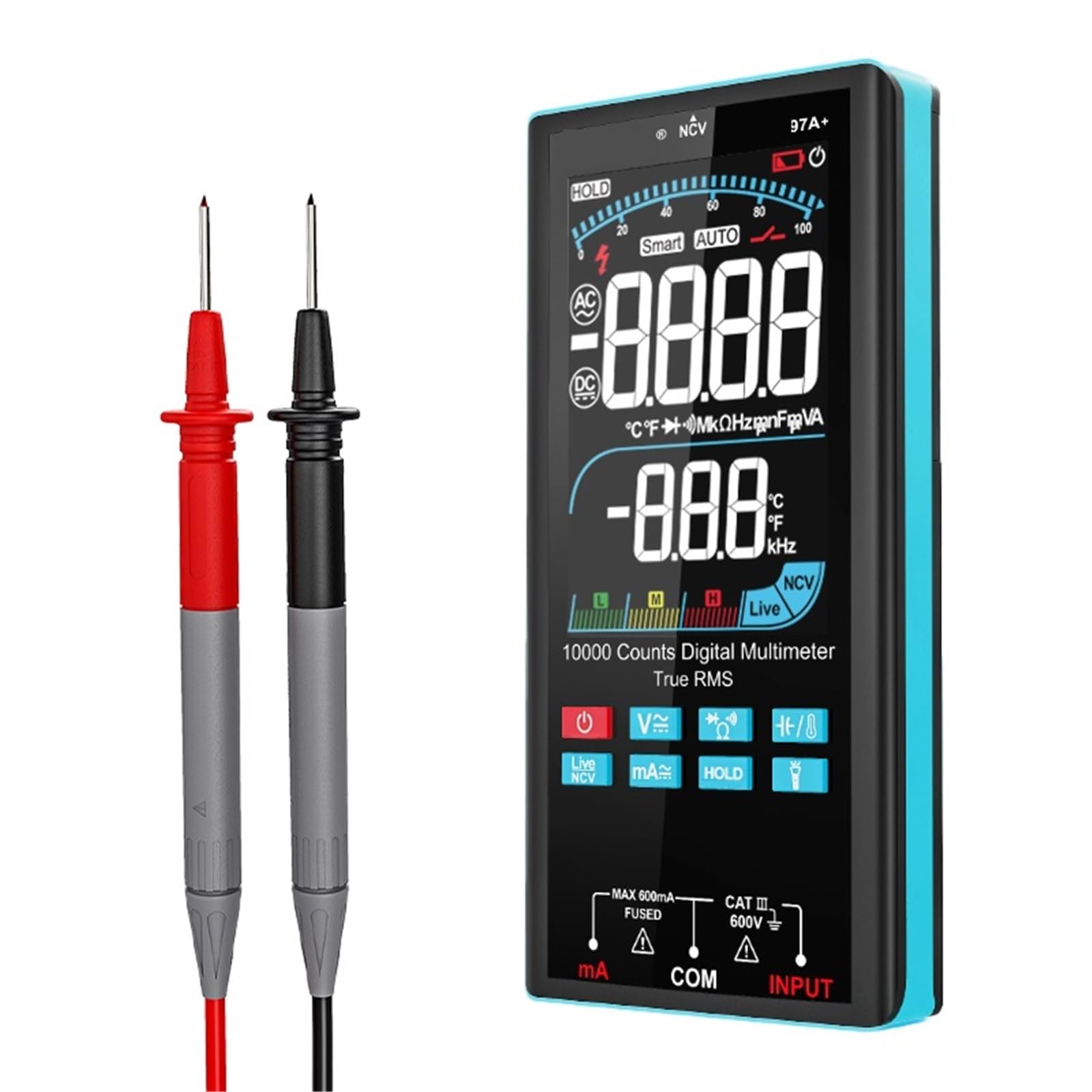 Multímetro, Multímetro digital profesional, comprobador de corriente CA/CC, medición eléctrica, 9999 cuentas, NCV, medición de temperatura, multímetro(97A)