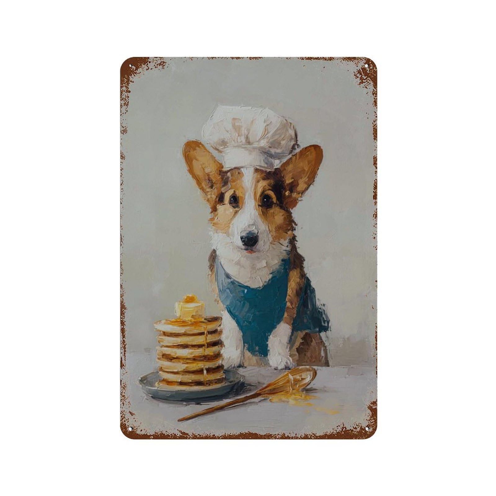 xiaoxiaoshen Corgi Chef Pancake – Cute Dog Kitchen Funny Breakfast Animal Whimsical Food Wall Decor Art Metal Tin Poster Modern Home Decor Art Home Bar Shop Decorations Vintage Sign 30x20cm