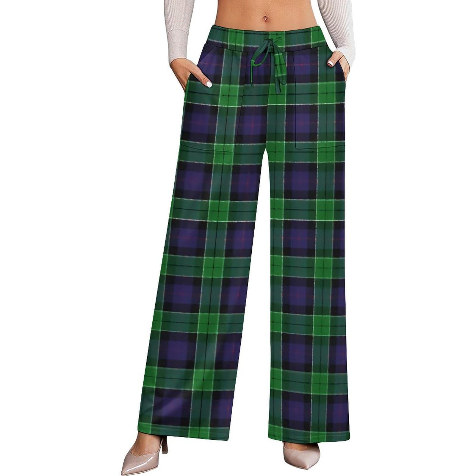 Dyale Scottish Clan Leslie Hunting Tartan Plaid Womens Wide Leg Pants High Waisted Elastic Casual Sports Pants S