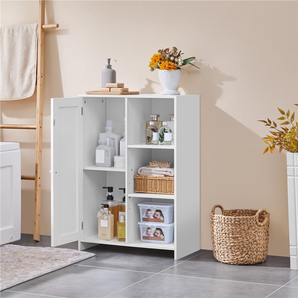 Yaheetech Salle de Bain Moderne avec Porte Unique 56 cm×30 cm×81 cm, Blanc | Meuble de Rangement avec Compartiment Ouvert et Étagères Réglables, Armoire Rangement pour Salle de Bains/Salon/Bureau
