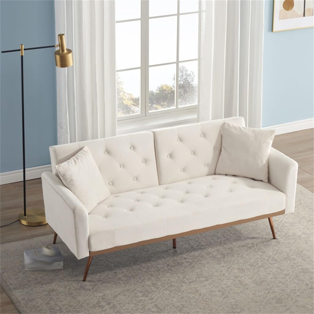 68.3" Beige Velvet Nail Sofa Bed with Throw Pillow and Midfoot for Indoor Living Room Furniture