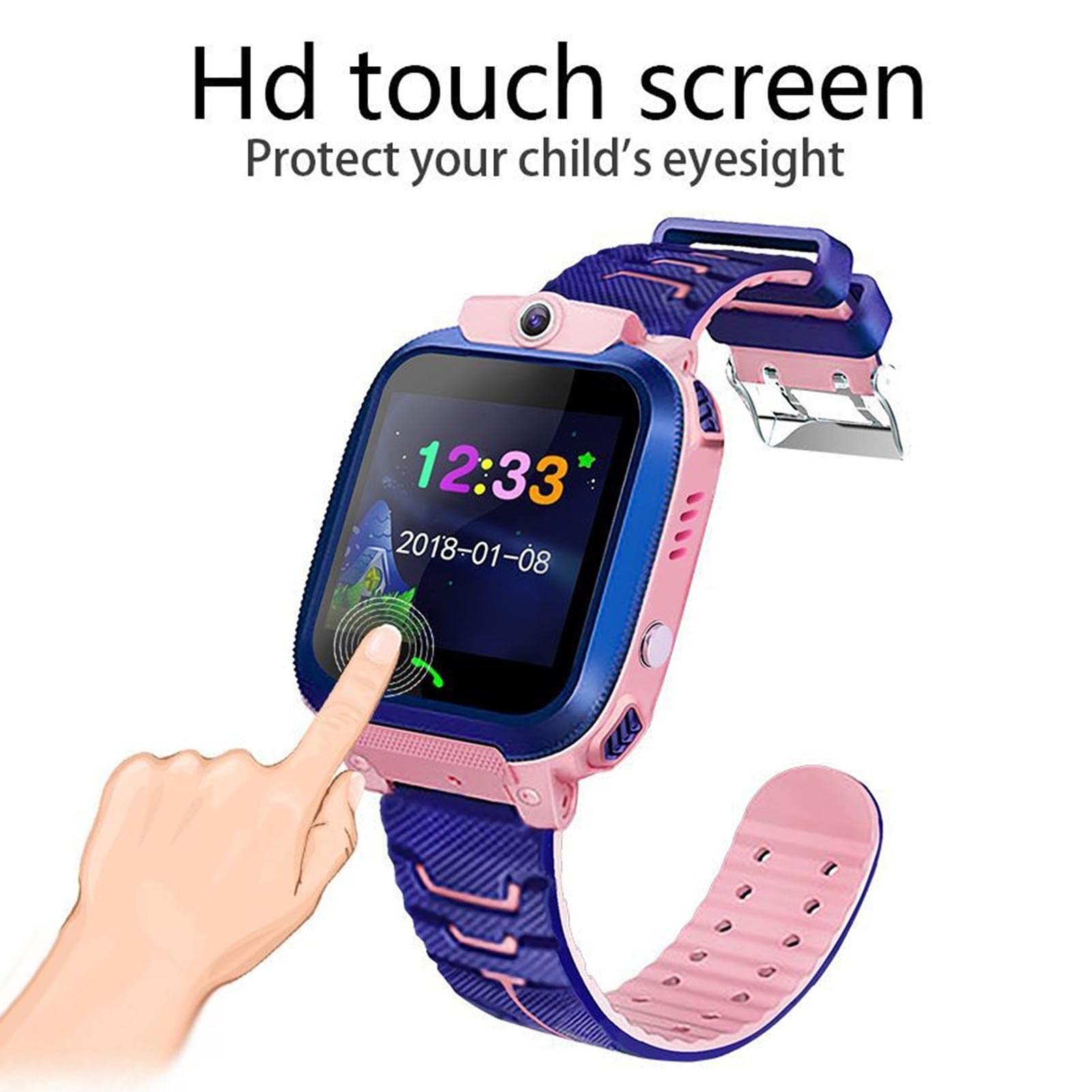 Slimme Horloge Met Sos-toets. Over Een Klein Meisje Dat Roze Slimme Horloge Voor Kinderen Naar Beneden Kijken Pin Zijdelingse Afstand 210991433