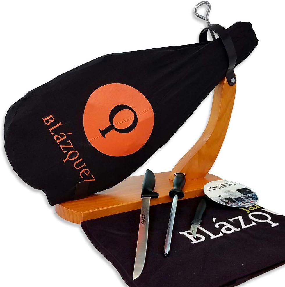 Iberico Ham Shoulder Cured for 15 Months, 50% Iberico Breed, 13 Pounds, 20-25 Servings + Ham Holder + Carving Knife Set