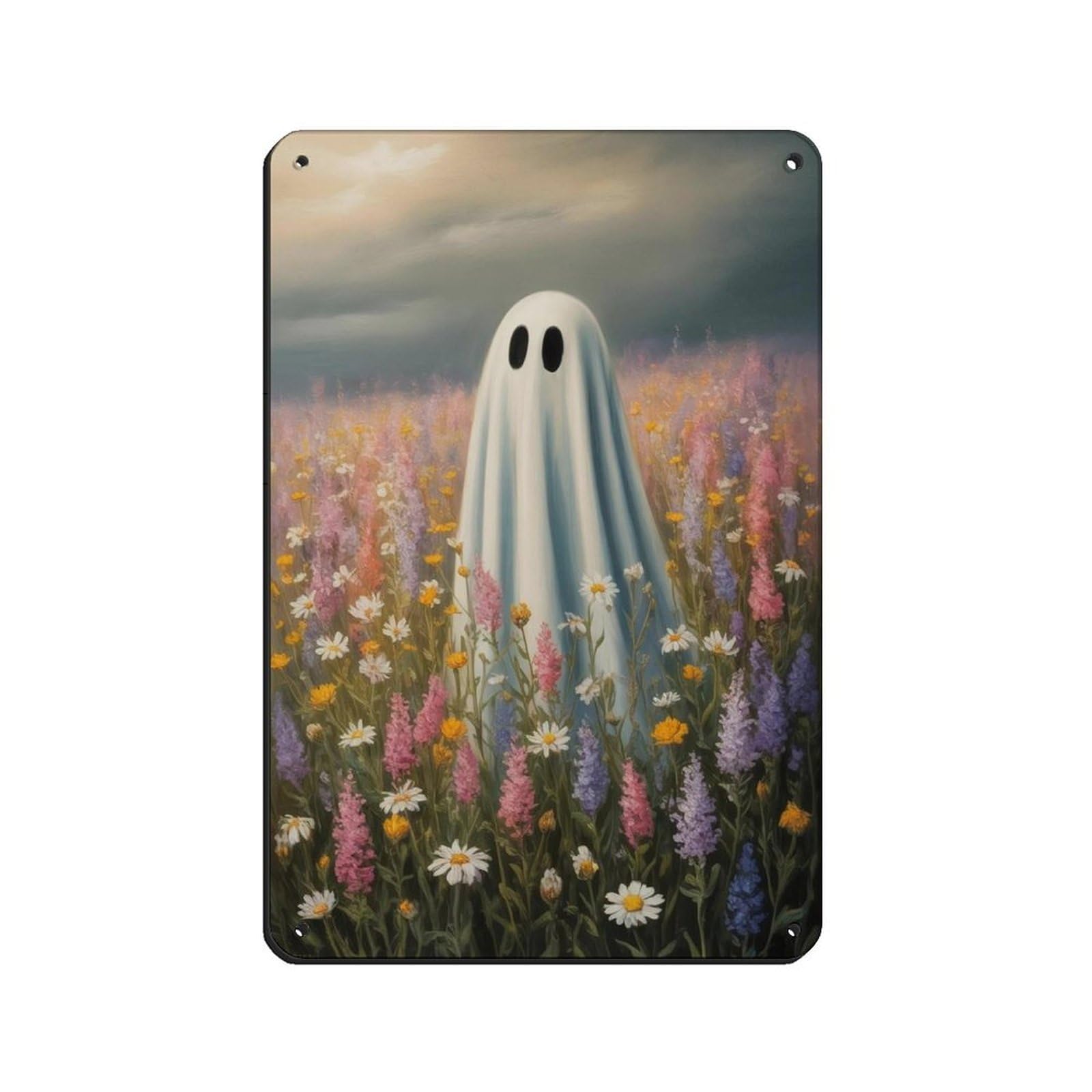 Ghost in The Wildflower Poster, Spooky Art (2) Retro Poster Metal Tin Sign Chic Art Retro Iron Painting Bar People Cave Cafe Family Garage Poster Wall Decoration 8x12inch(20x30cm)