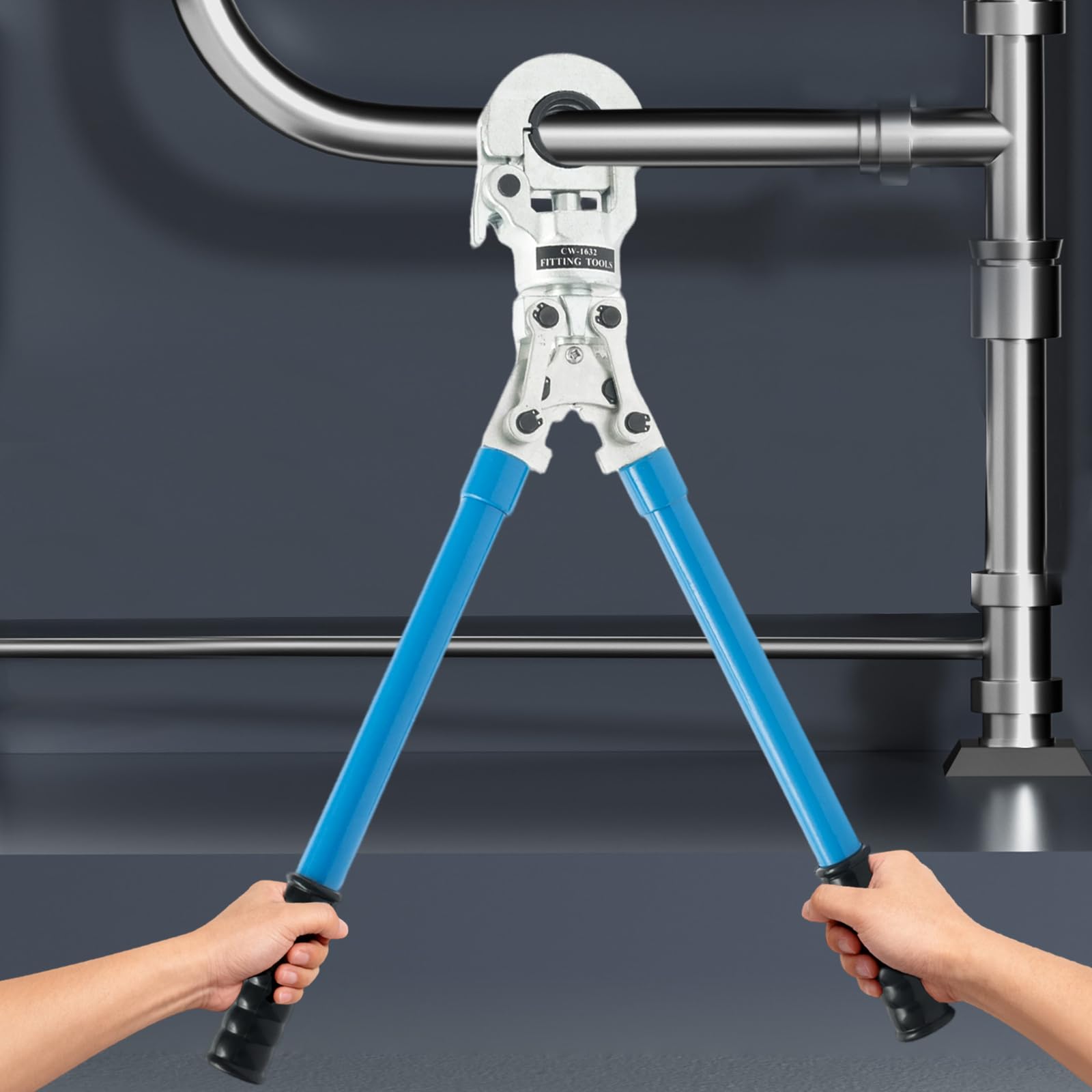 Juego de alicates de prensado, herramienta de prensado TH V-Kontur PEX, herramienta de crimpado, 16-32 mm, tubo de aluminio, tubo de aluminio, color azul