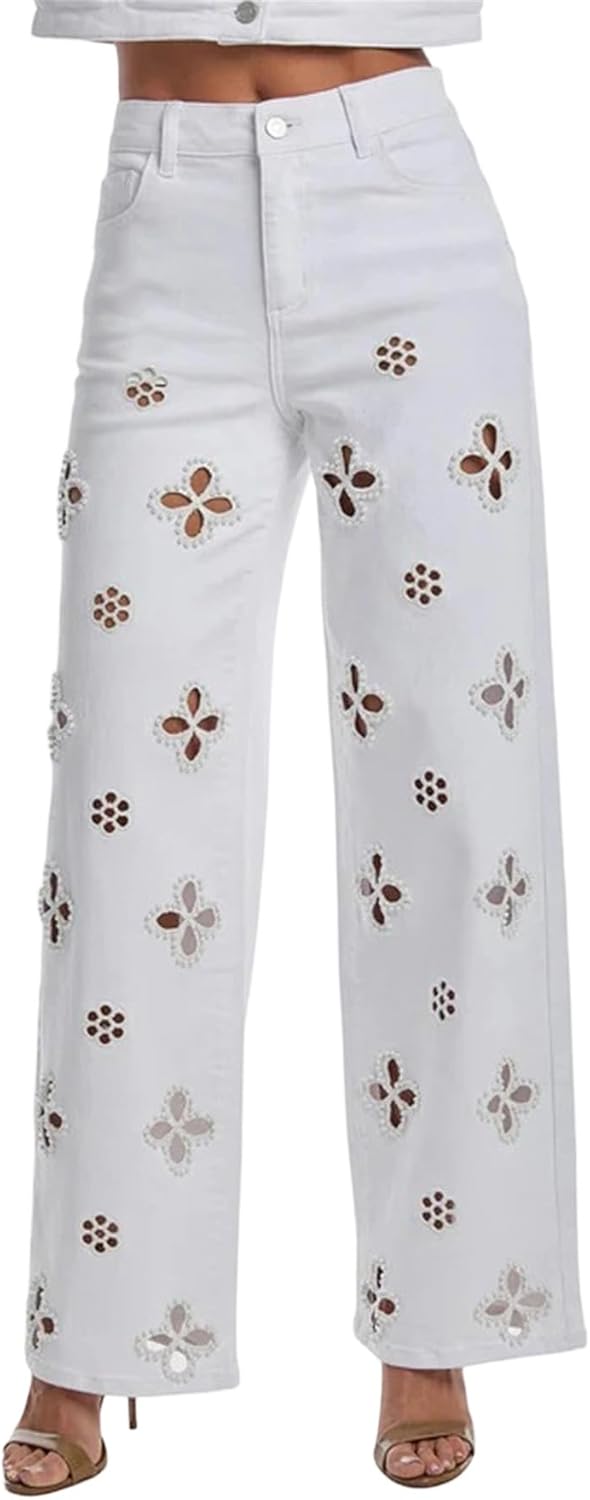 Unybwonn Straight Leg Jeans for Women High Waisted Wide Leg Hollow Rhinestone Floral Denim Pants Pearl Glitter Trousers