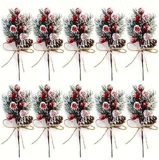 Christmas Berry Picks with Pine Cones & Holly Stems, Artificial Red Berry Evergreen Pine Branch Sprays for DIY Xmas Garland Wreath, Holiday Floral Arrangement Decorations(Red)