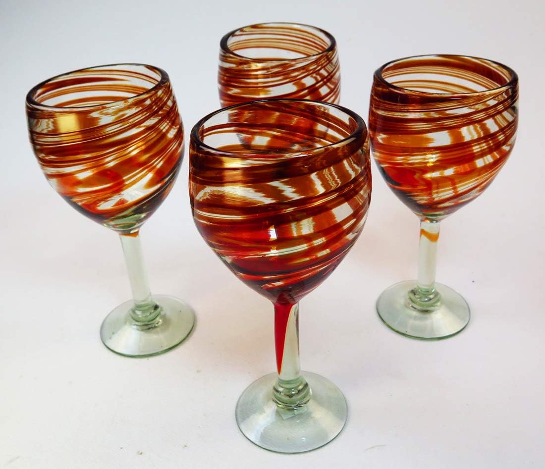 Wine Glasses, Hand Blown, Red Swirl (Set of 4) Mexico
